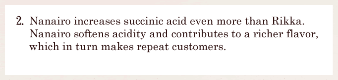 2.Nanairo increases succinic acid even more than Rikka.
Nanairo softens acidity and contributes to a richer flavor, which in turn makes repeat customers.
